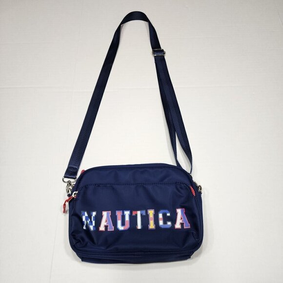 Nautica belt bag or crossbody Navy multi colored letters red zipper - Picture 1 of 11